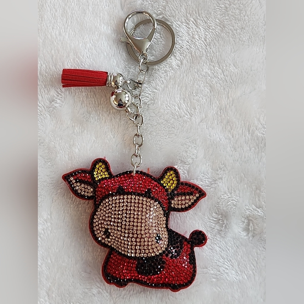 Cute Red Rhinestone Cow Keychain Bag Charm